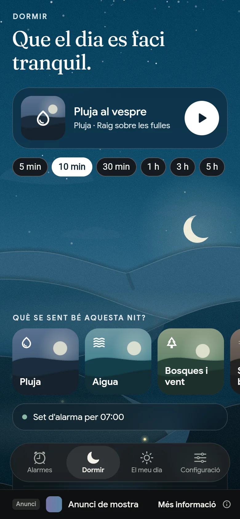 La pestanya Dormir de nit, amb un so, la seva durada i els prestatges.