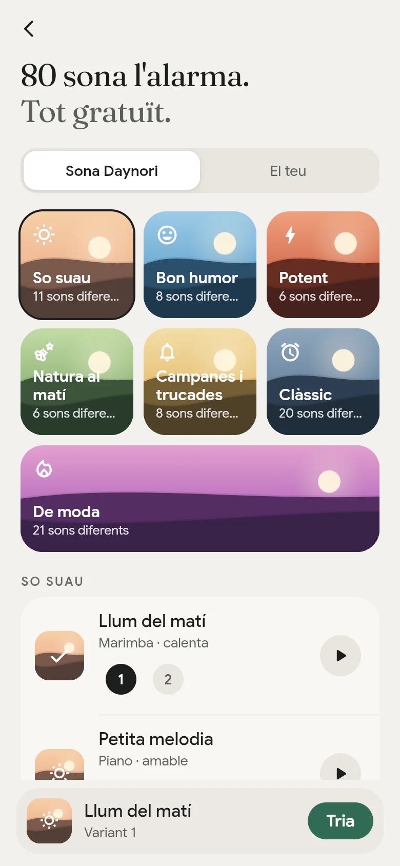 La biblioteca de sons de l’app amb els seus set prestatges.