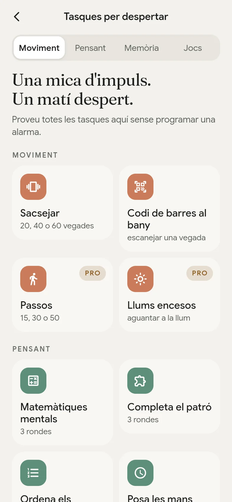La biblioteca de tasques per despertar a l’app.