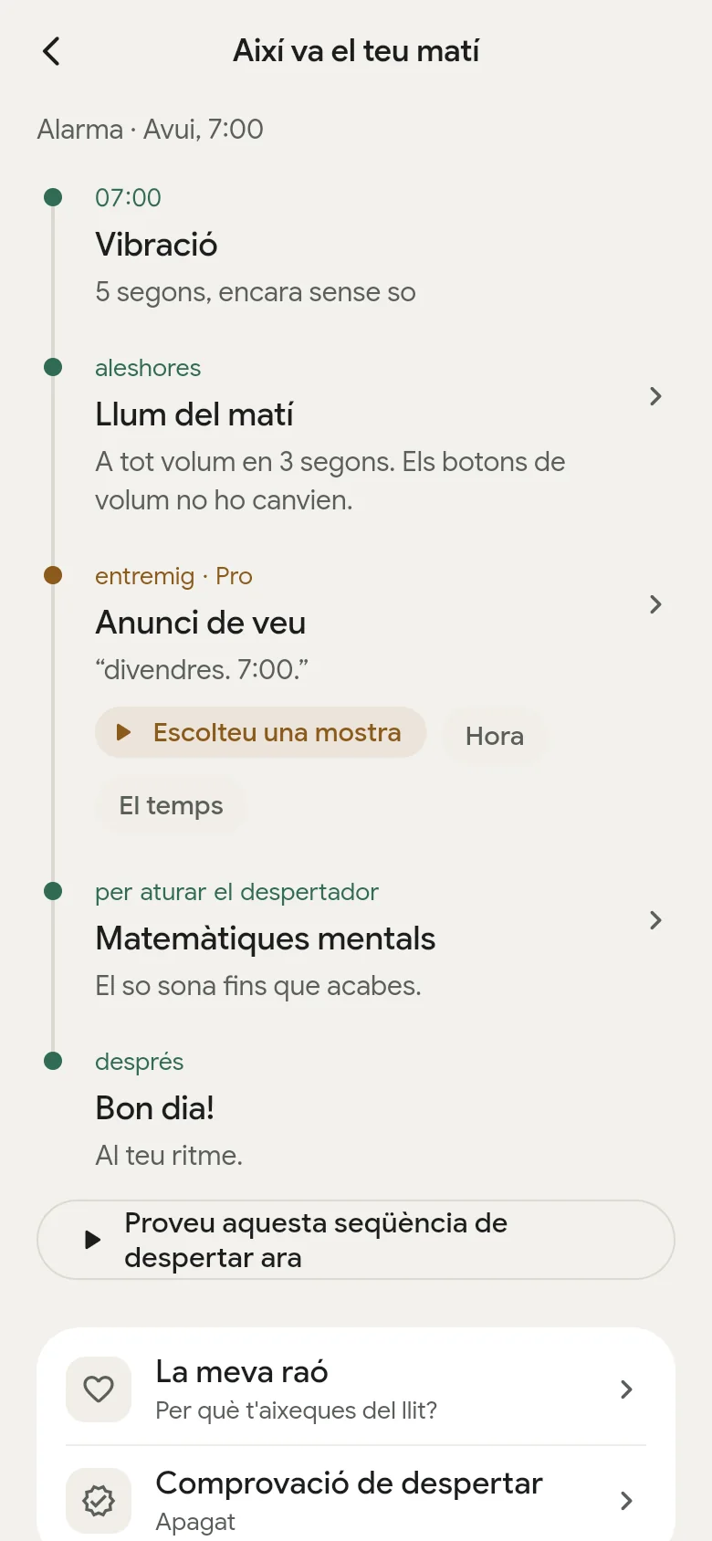La línia de temps «Així va el teu matí» a l’app.