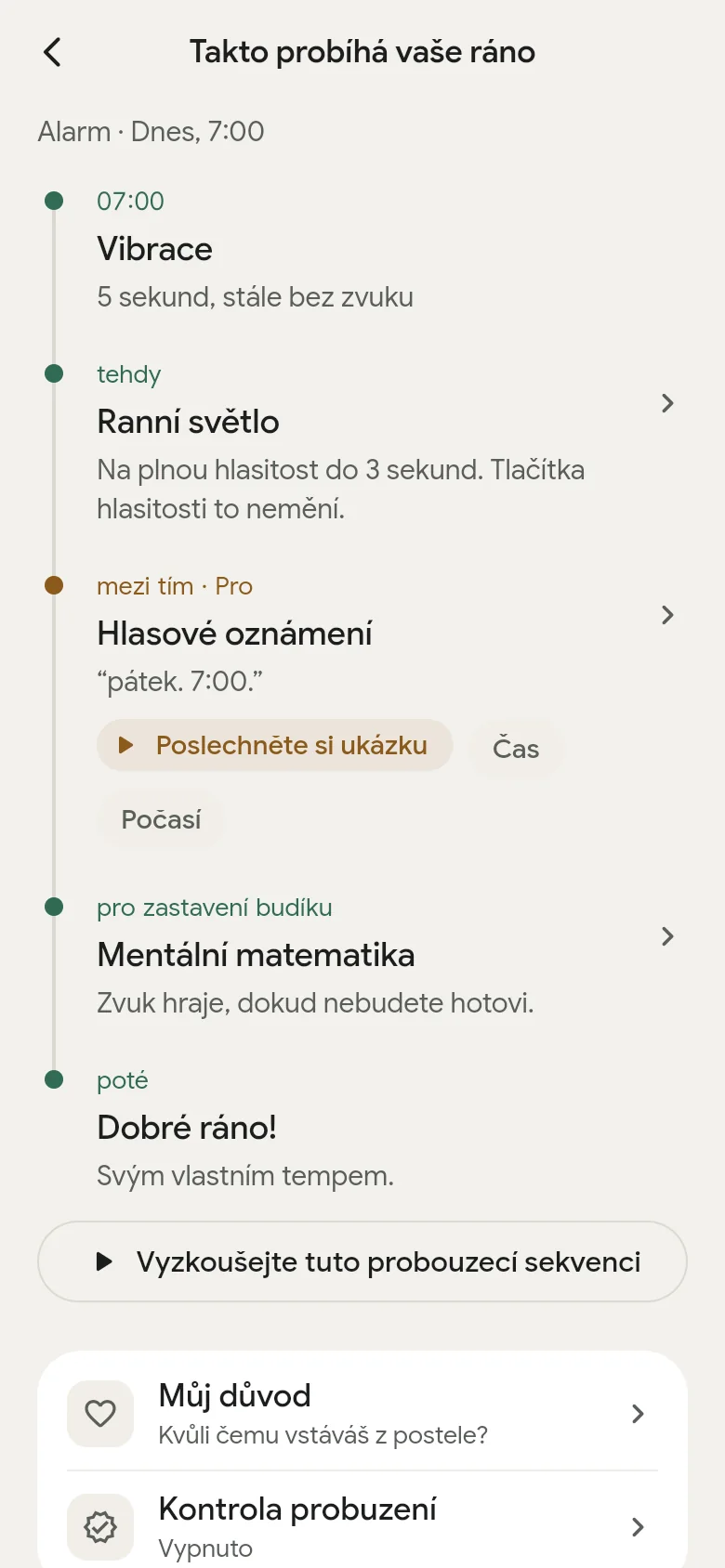 Časová osa „Takto probíhá vaše ráno“ v aplikaci.