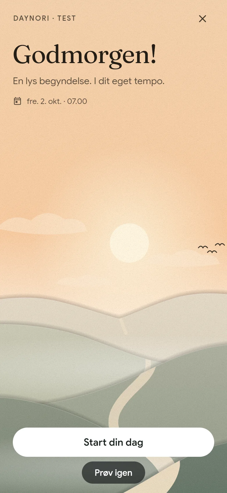Hilsenen »Godmorgen!« over morgenlandskabet.