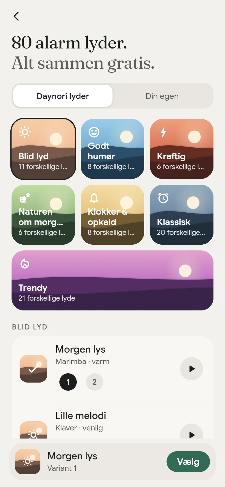 Appens lydbibliotek med sine syv hylder.