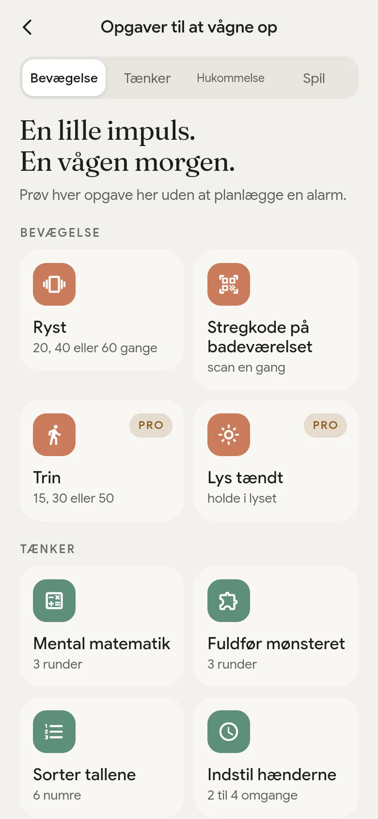 Biblioteket med opvågningsopgaver i appen.