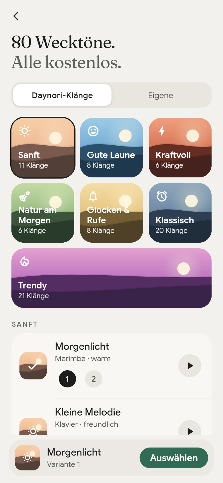 Die Klangbibliothek der App mit ihren sieben Regalen.