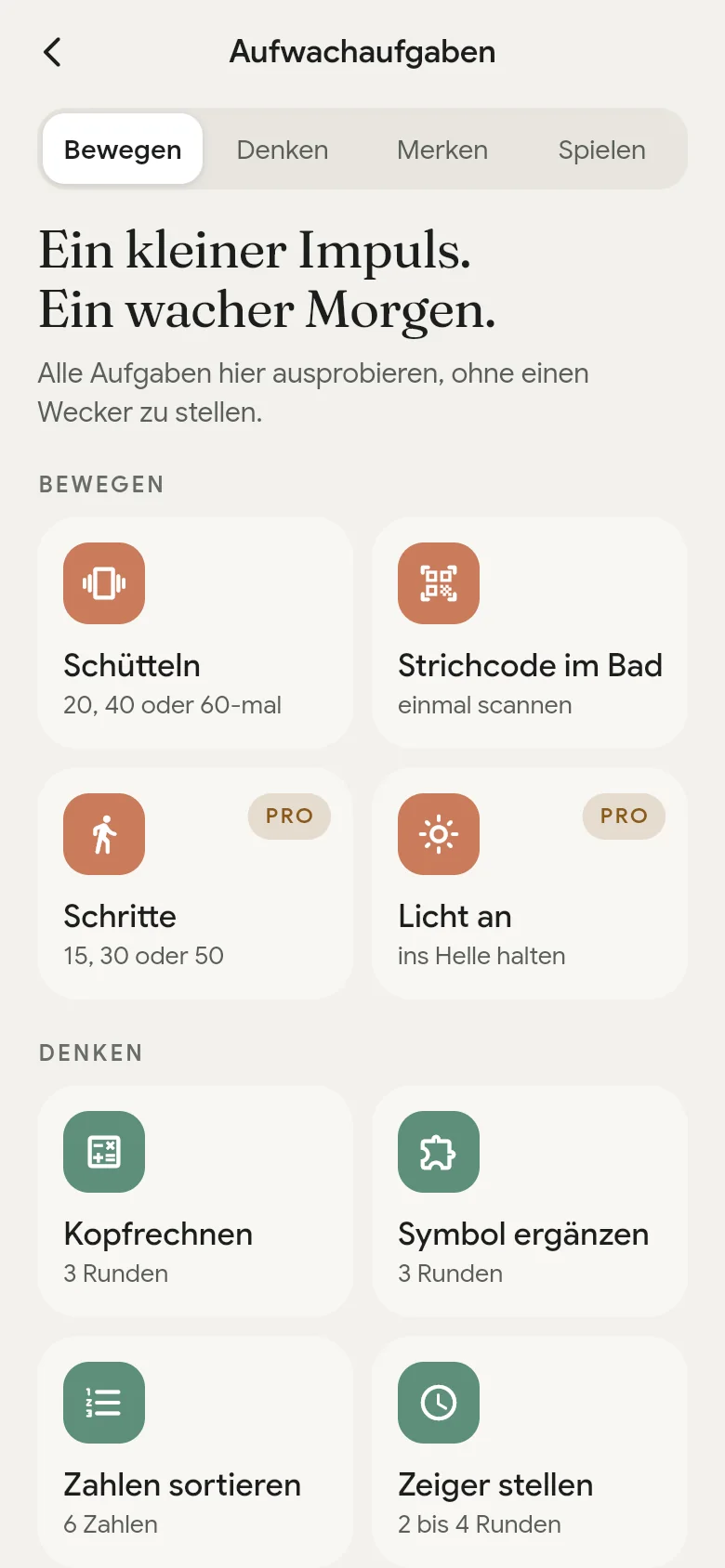 Die Bibliothek der Aufwachaufgaben in der App.
