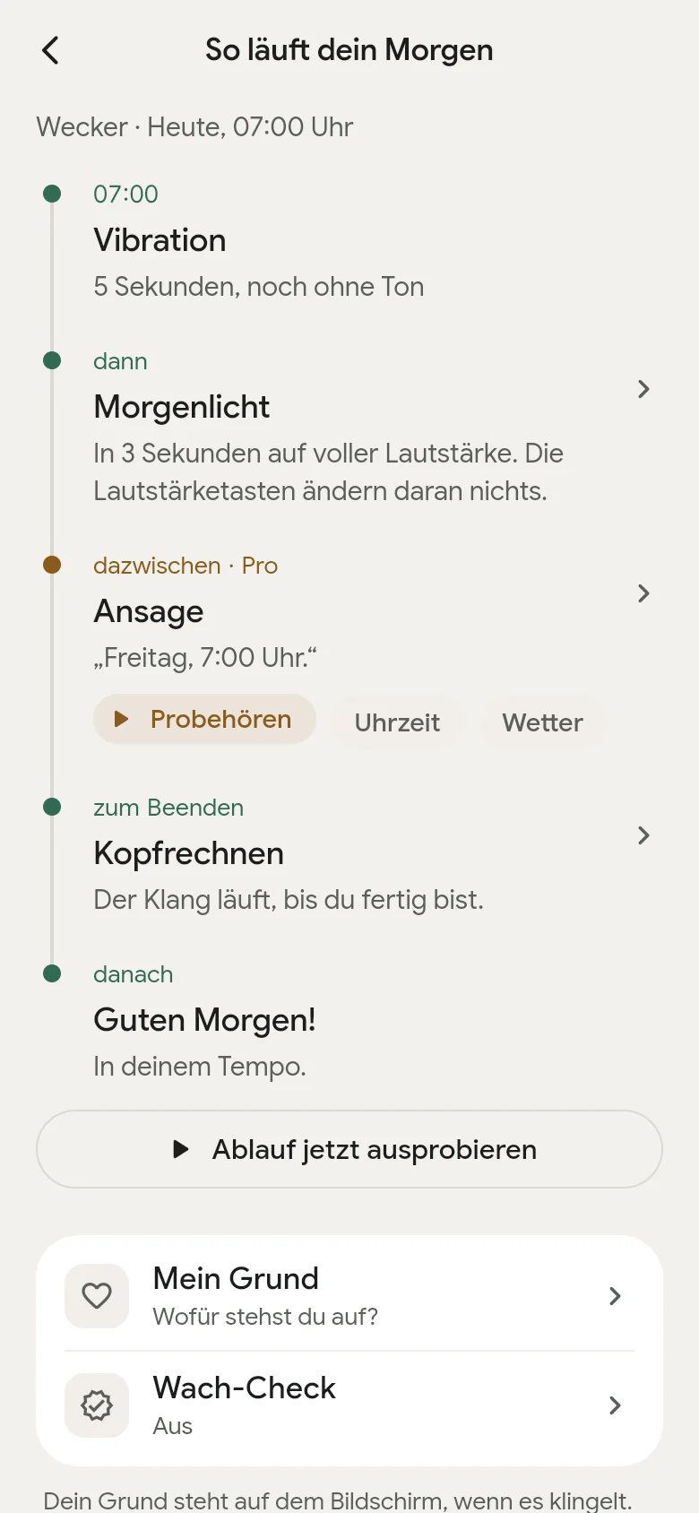 Die Zeitleiste „So läuft dein Morgen“ in der App.