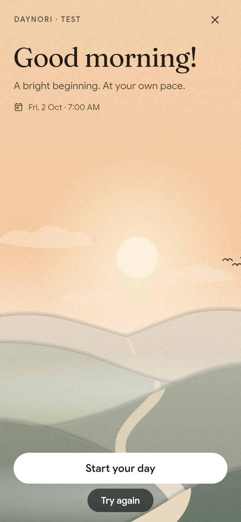 The greeting “Good morning!” above the morning landscape.