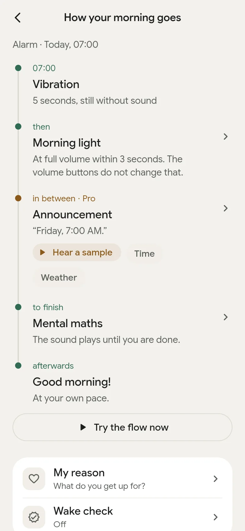 The timeline “How your morning goes” in the app.