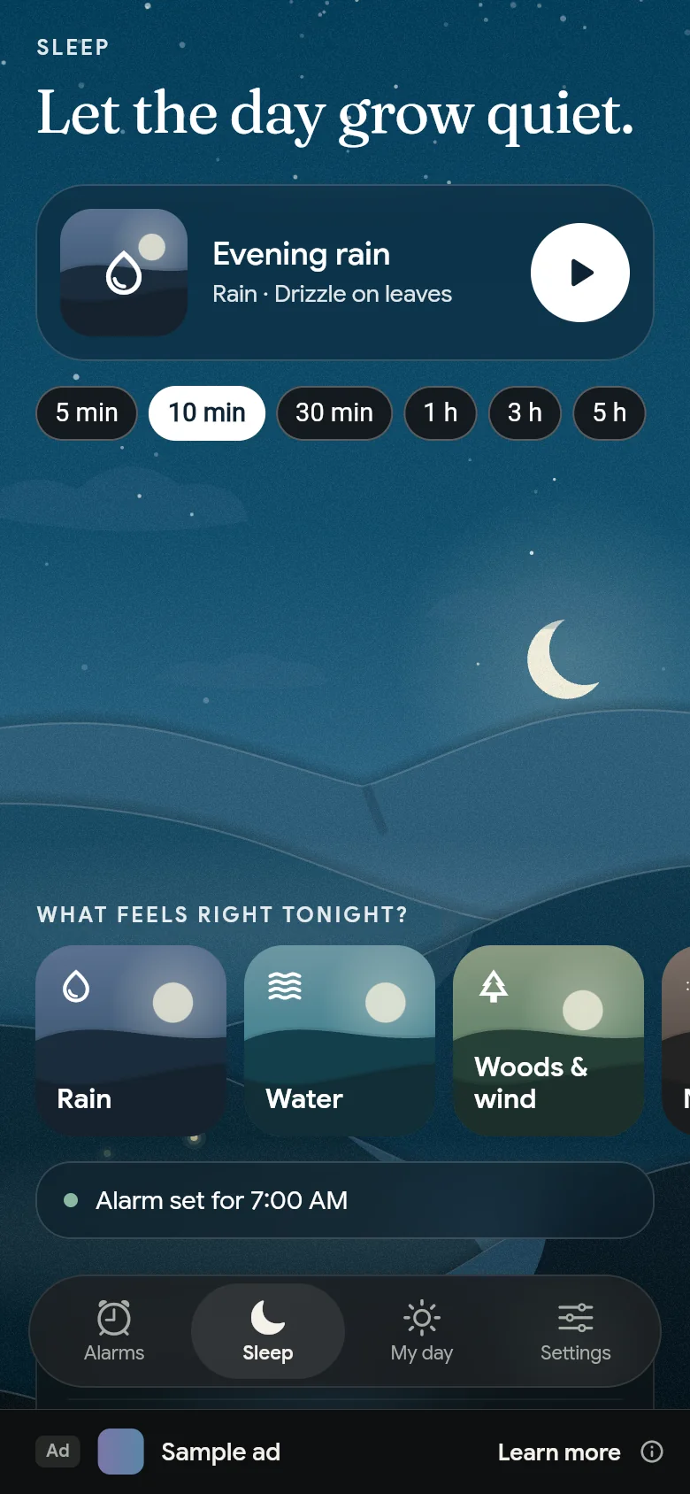 The Sleep tab at night with a sound, its duration and the shelves.