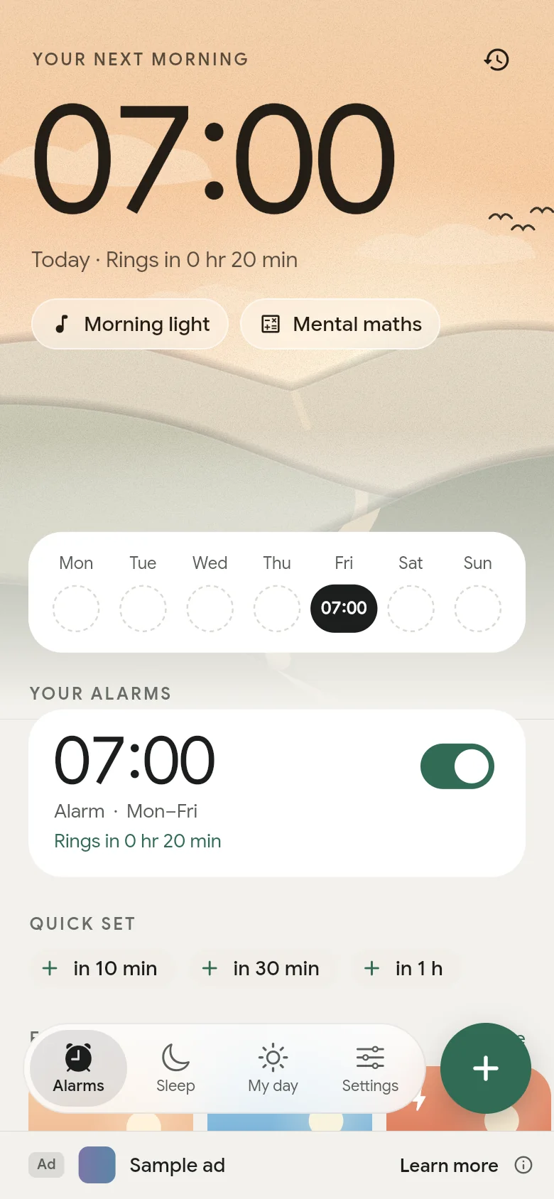 The alarms tab: the next alarm is set for 07:00.