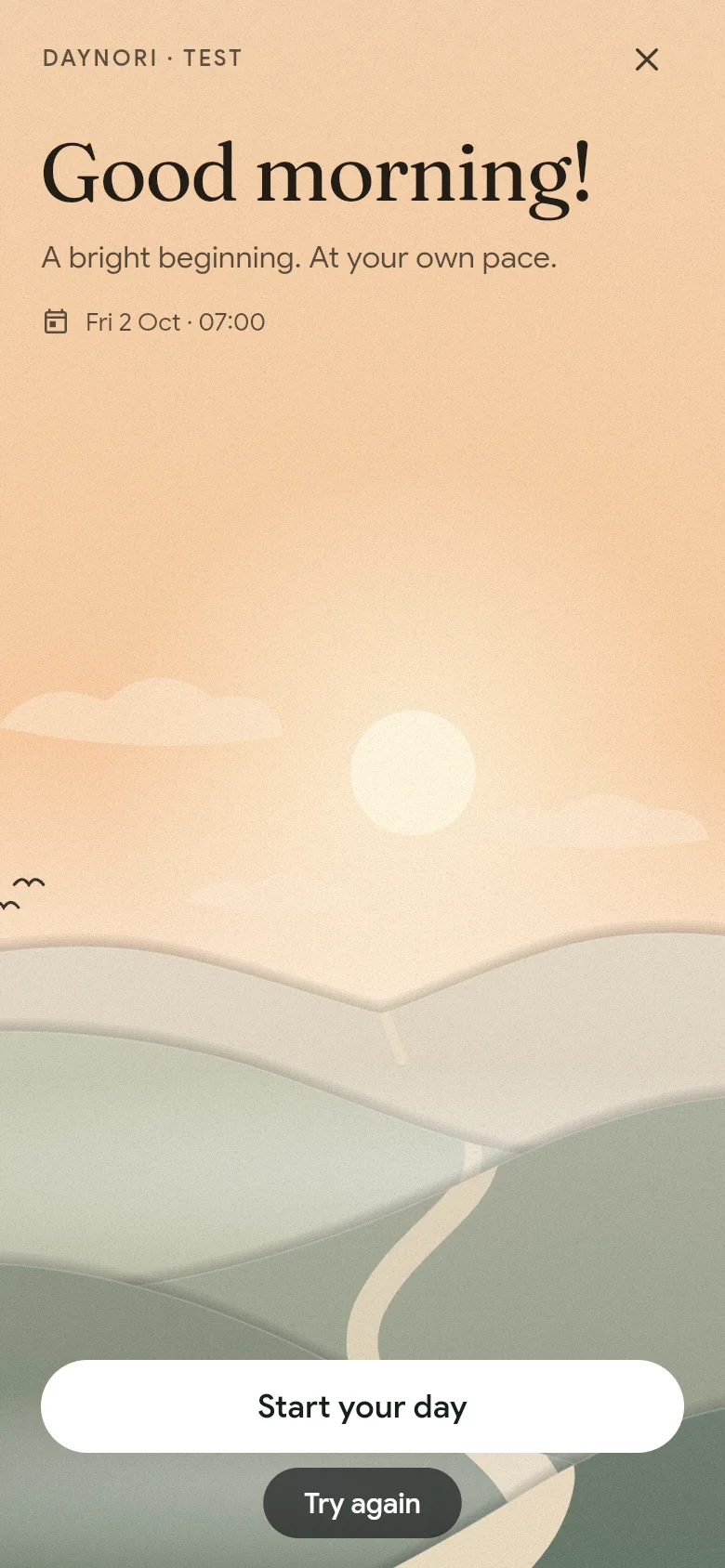 The greeting “Good morning!” above the morning landscape.