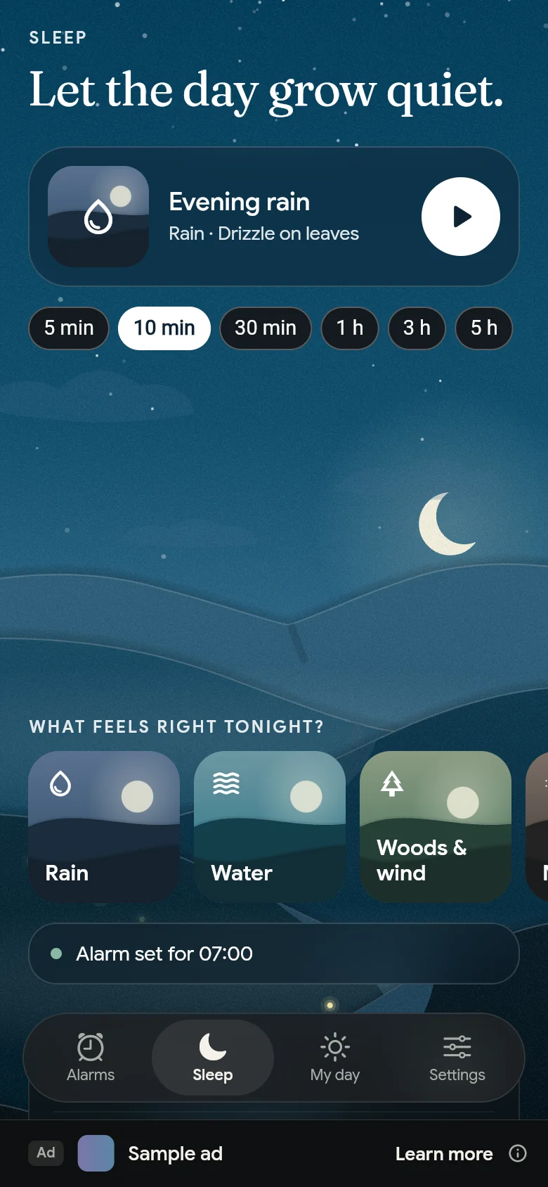 The Sleep tab at night with a sound, its duration and the shelves.