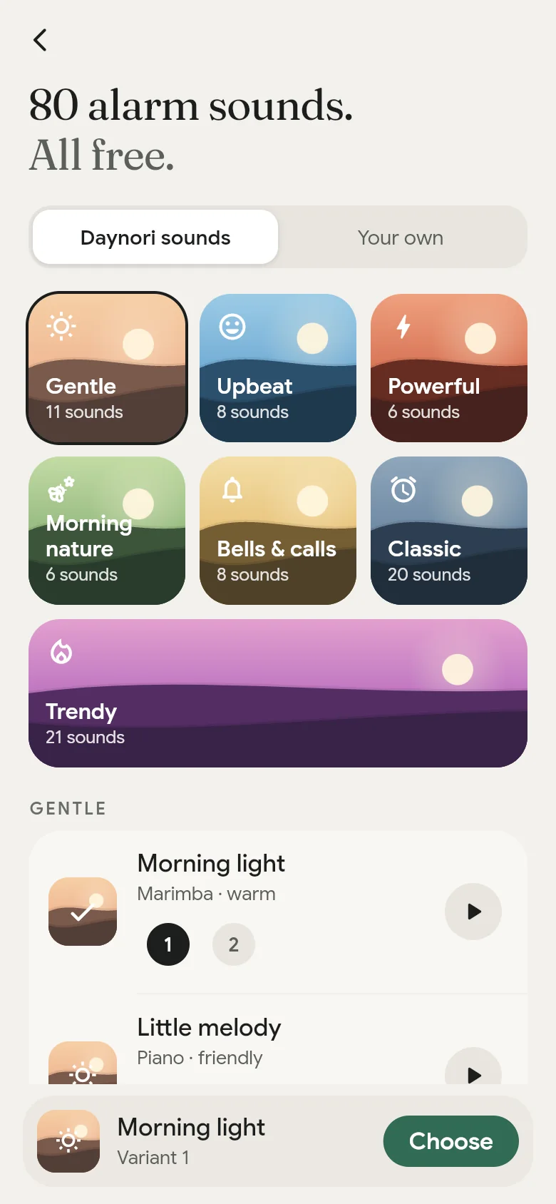 The sound library of the app with its seven shelves.