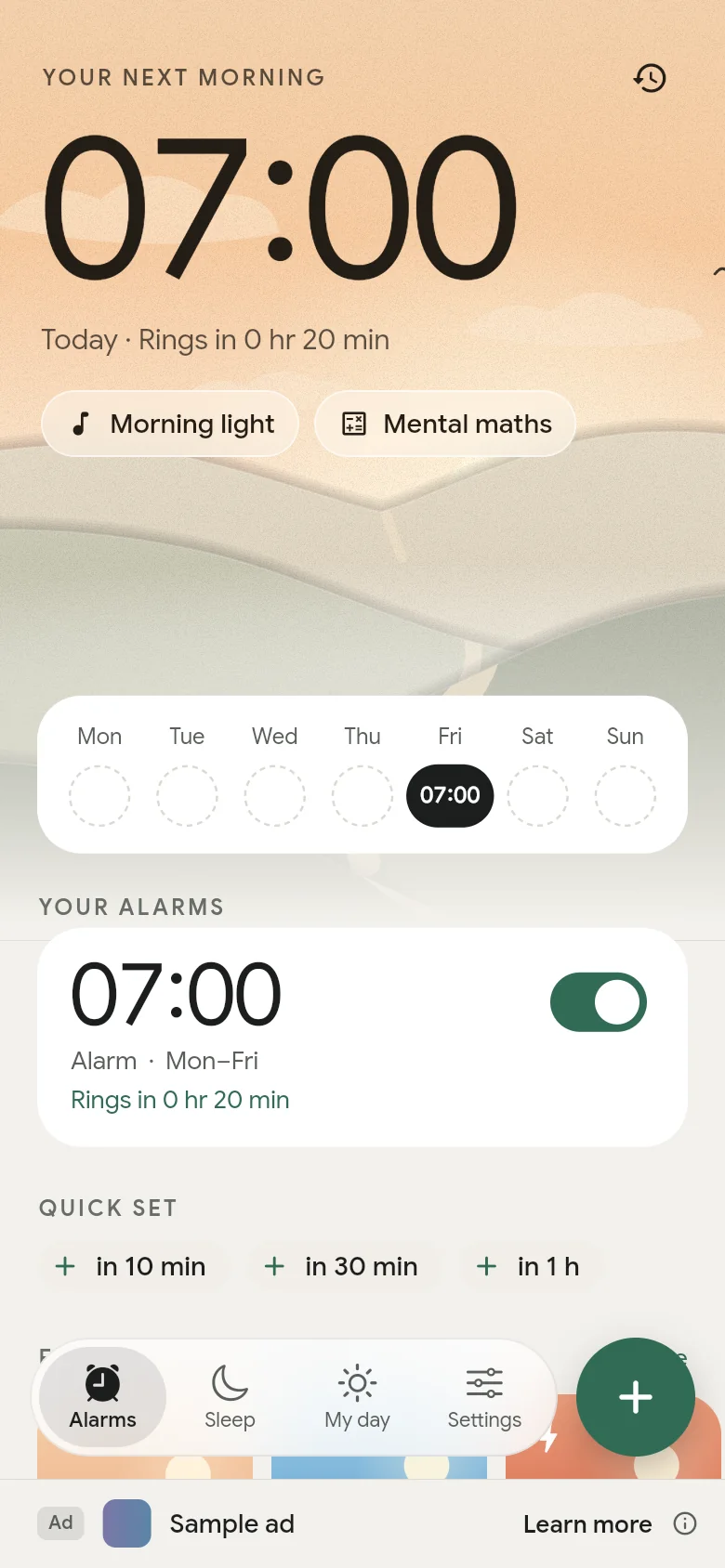 The alarms tab: the next alarm is set for 07:00.