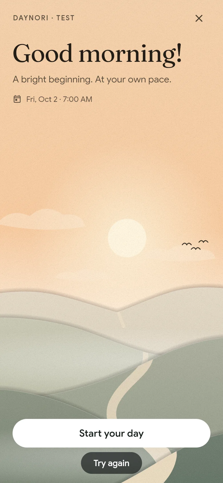The greeting “Good morning!” above the morning landscape.