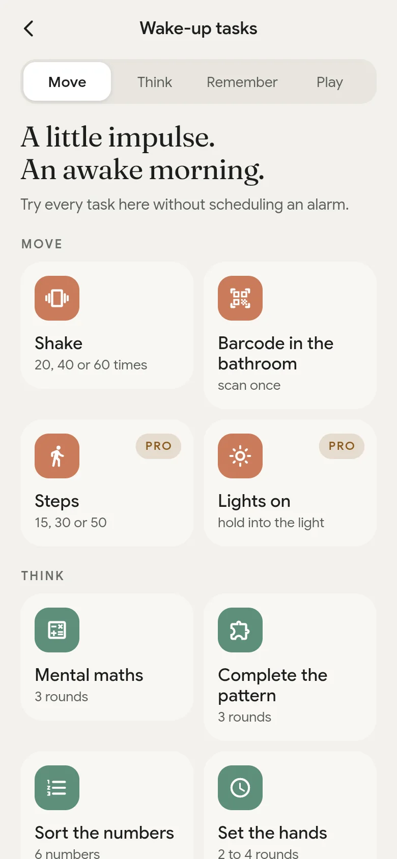 The library of wake-up tasks in the app.