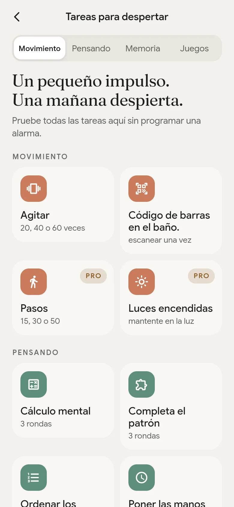 La biblioteca de tareas para despertar en la app.