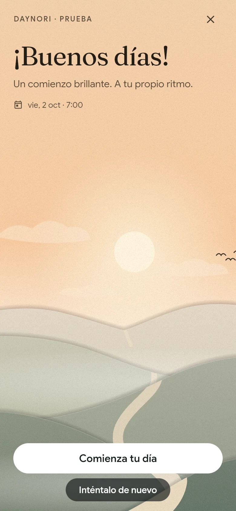El saludo «¡Buenos días!» sobre el paisaje de la mañana.