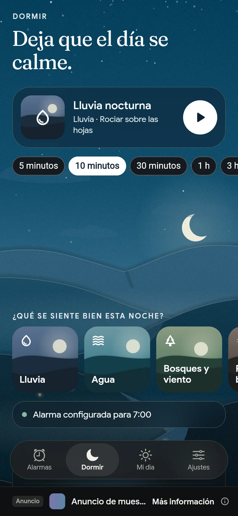 La pestaña Dormir de noche, con un sonido, su duración y los estantes.
