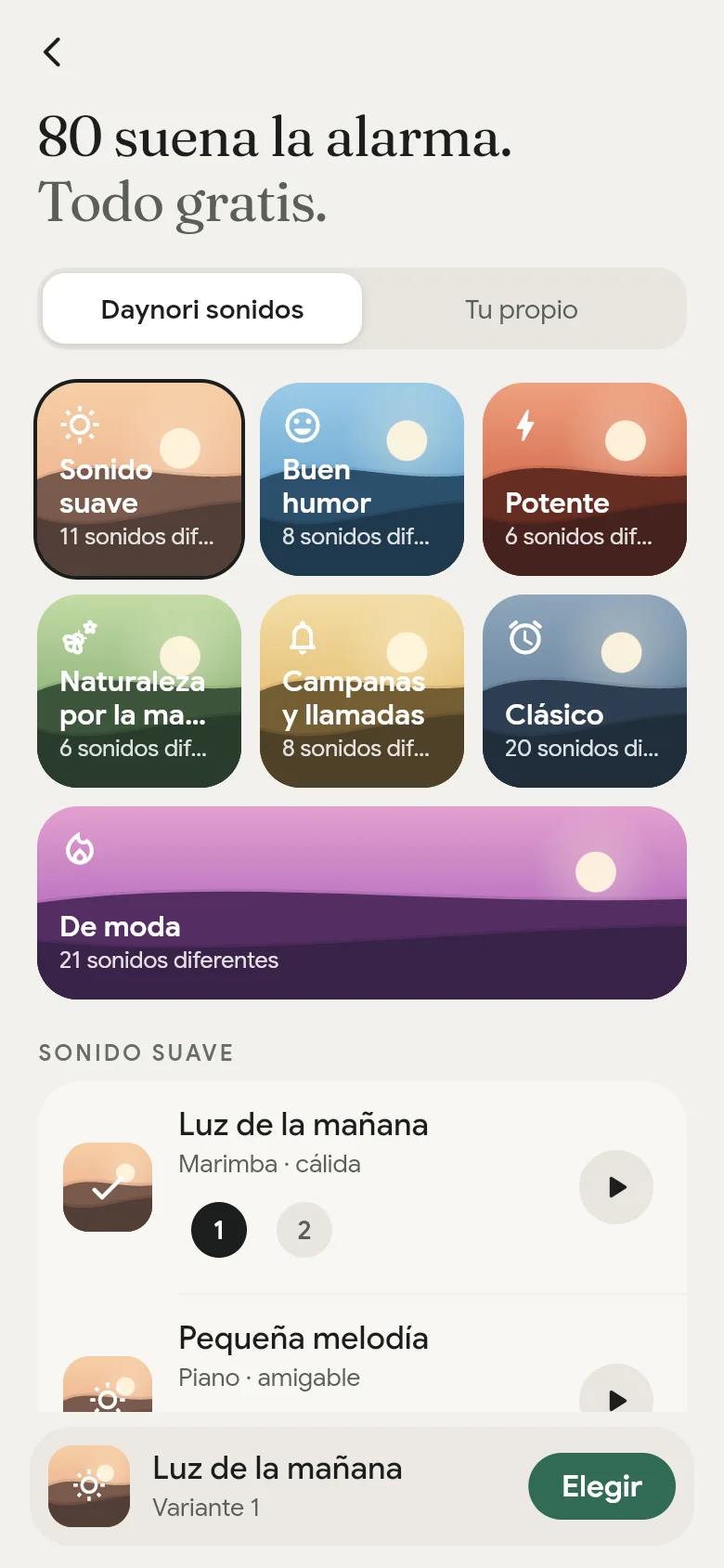 La biblioteca de sonidos de la app con sus siete estantes.