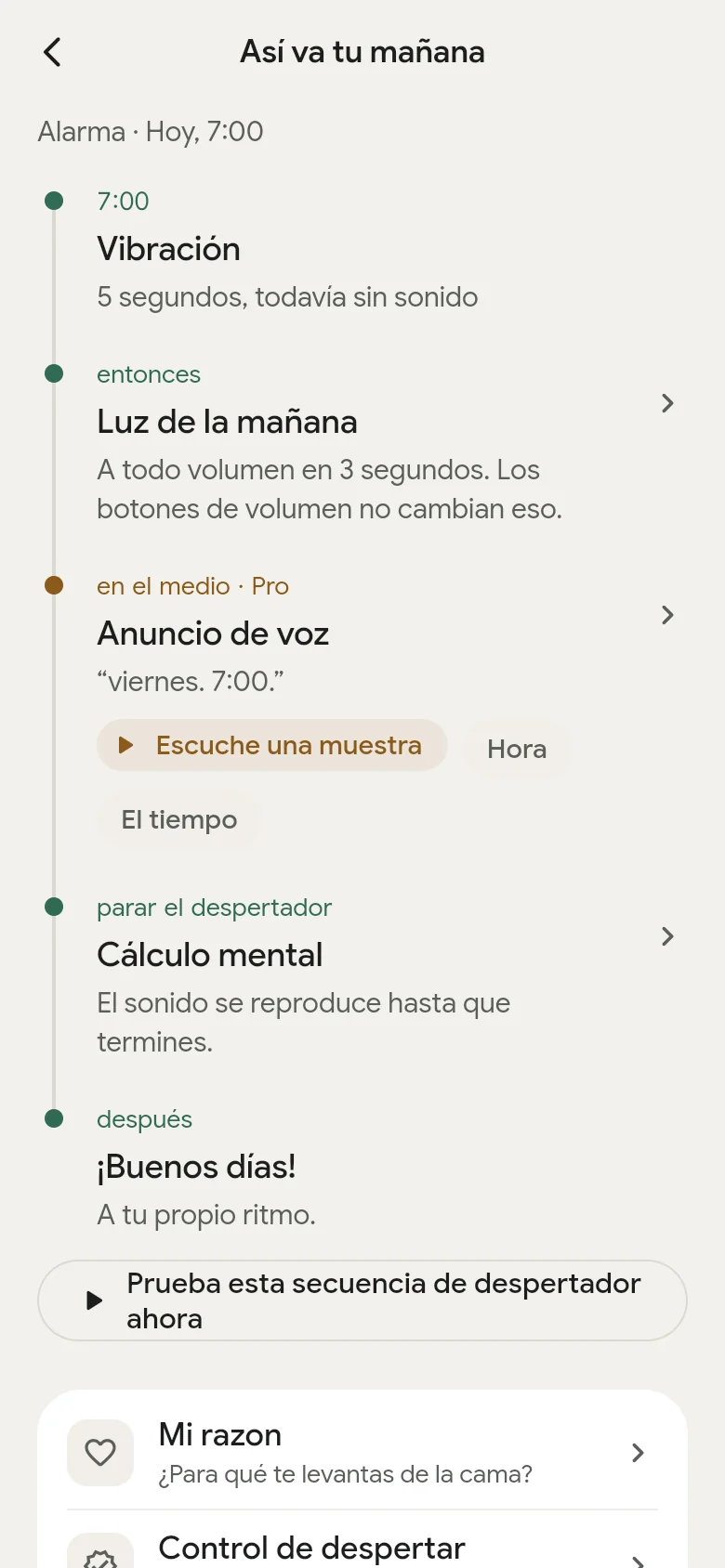 La línea de tiempo «Así va tu mañana» en la app.