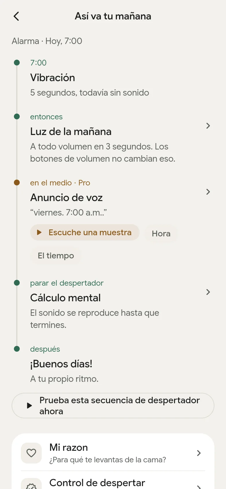 La línea de tiempo «Así va tu mañana» en la app.