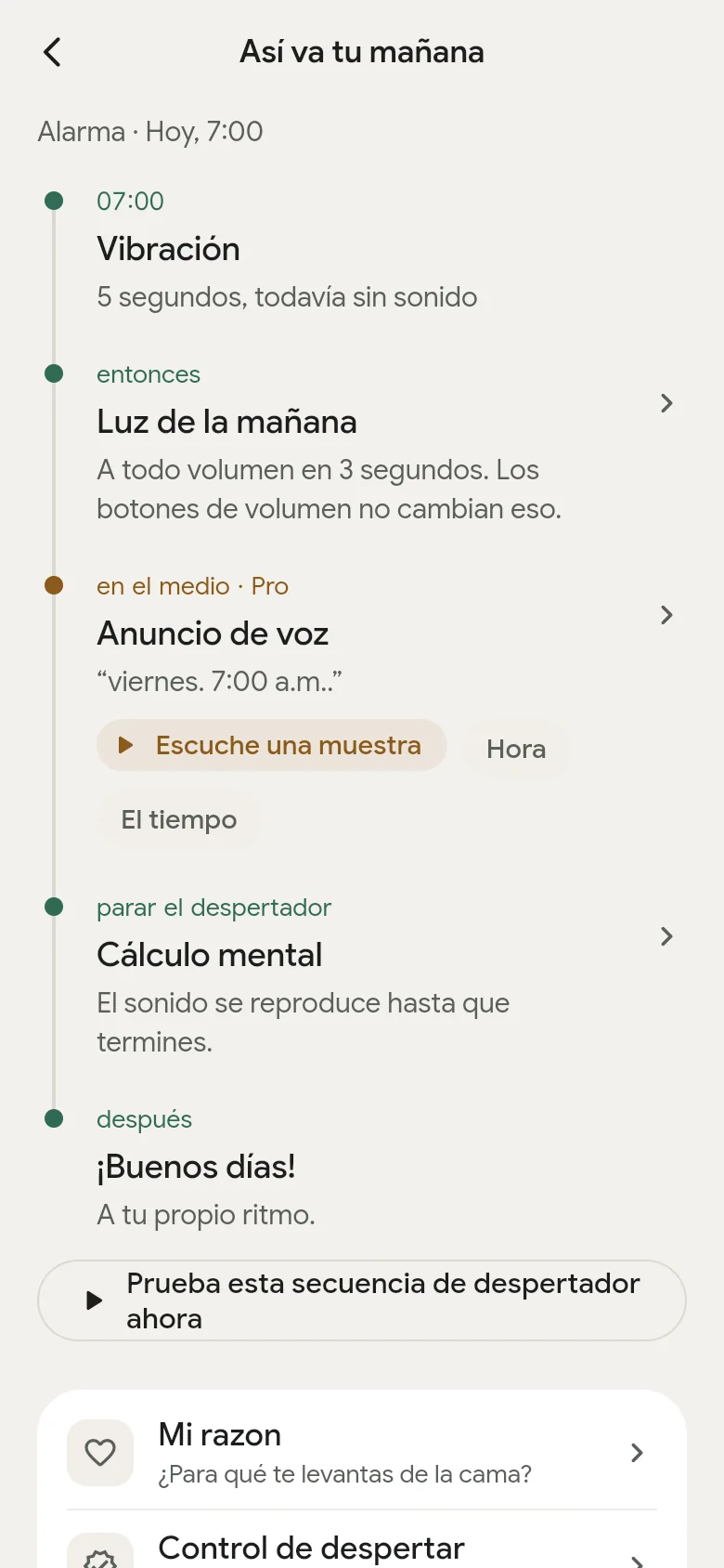 La línea de tiempo «Así va tu mañana» en la app.