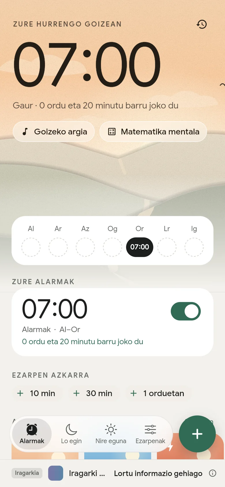 Alarmak fitxa: hurrengo alarma 07:00etarako ezarrita dago.
