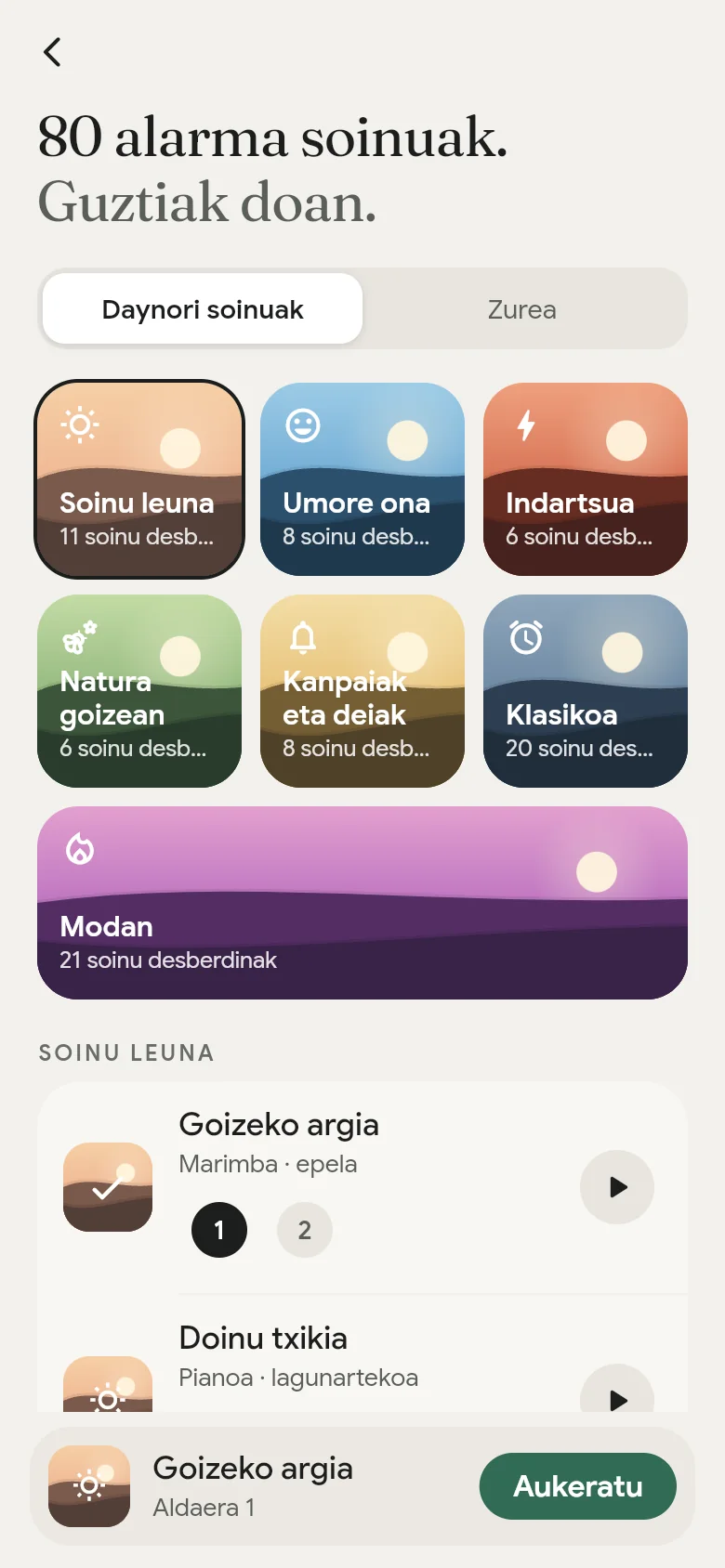 Aplikazioaren soinu-liburutegia, bere zazpi apalekin.