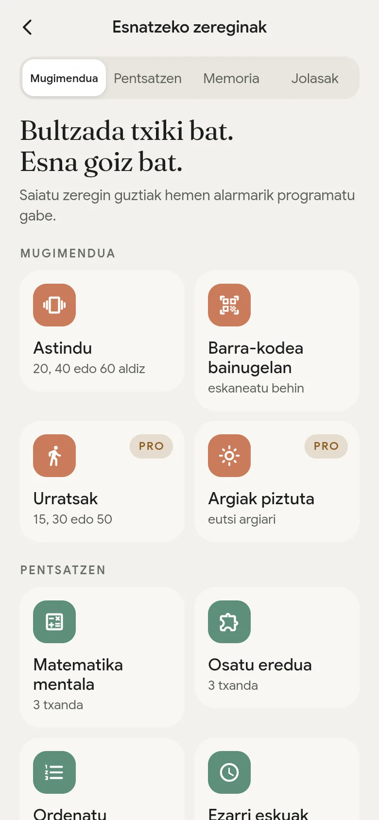 Esnatzeko zereginen liburutegia aplikazioan.