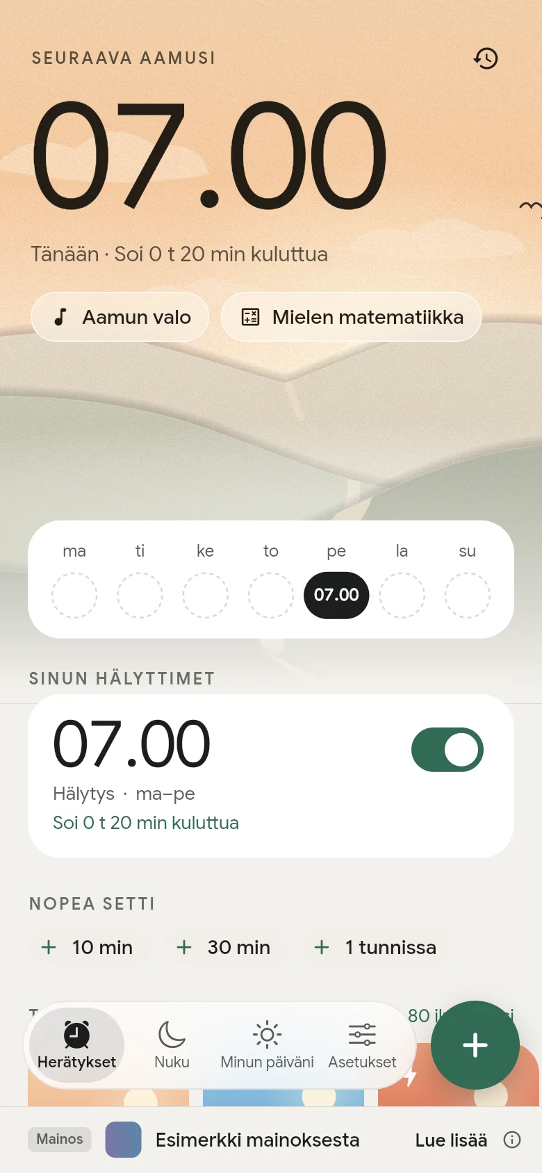 Välilehti ”Herätykset”: seuraava herätys on asetettu soimaan klo 07:00.