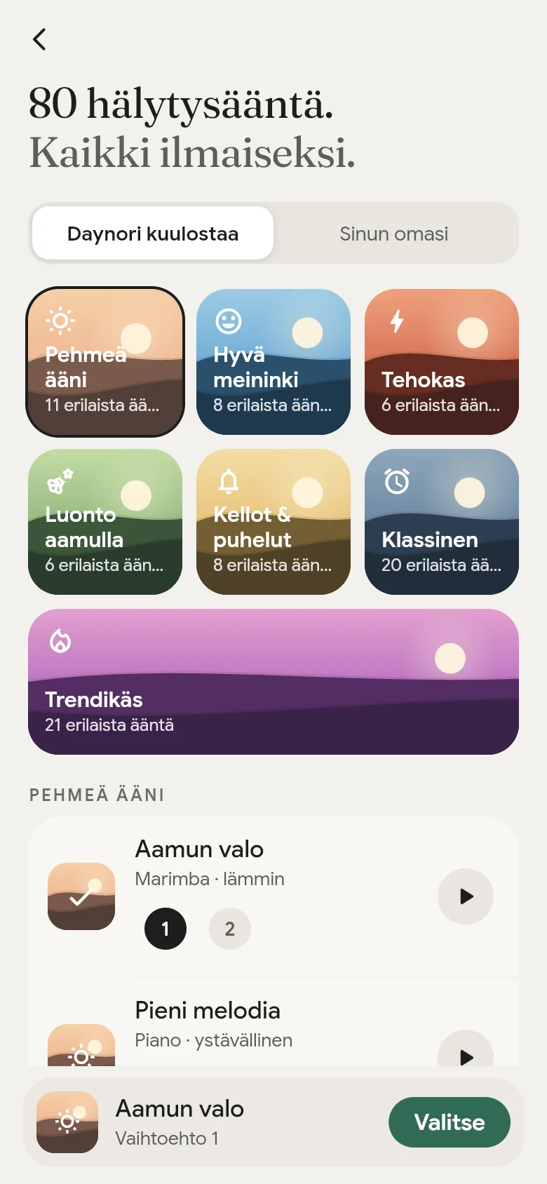 Sovelluksen äänikirjasto ja sen seitsemän hyllyä.