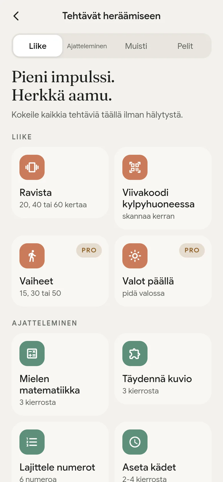 Herätystehtävien kirjasto sovelluksessa.