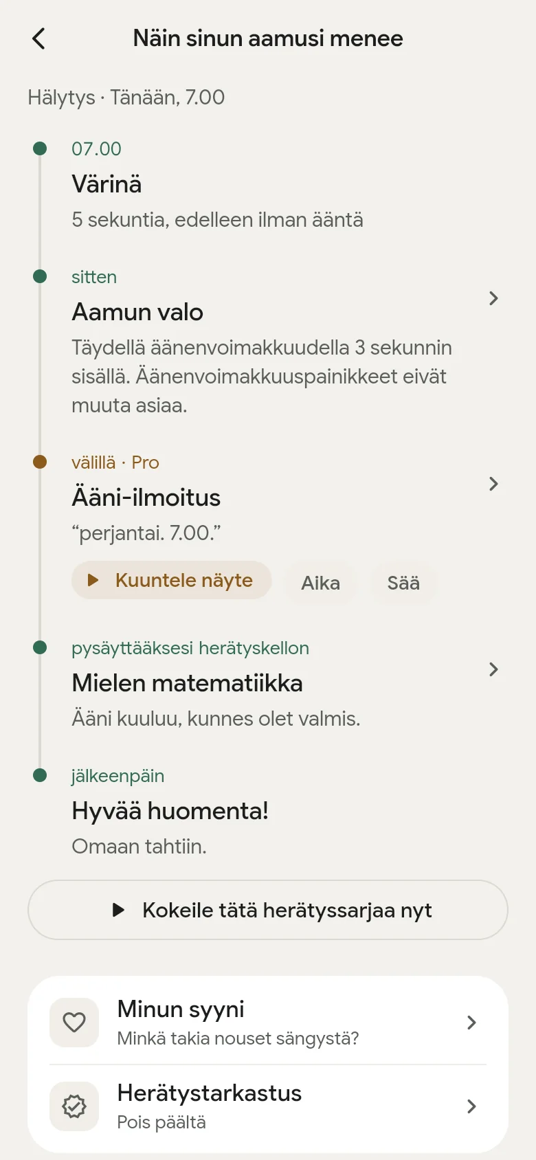 Aikajana ”Näin sinun aamusi menee” sovelluksessa.
