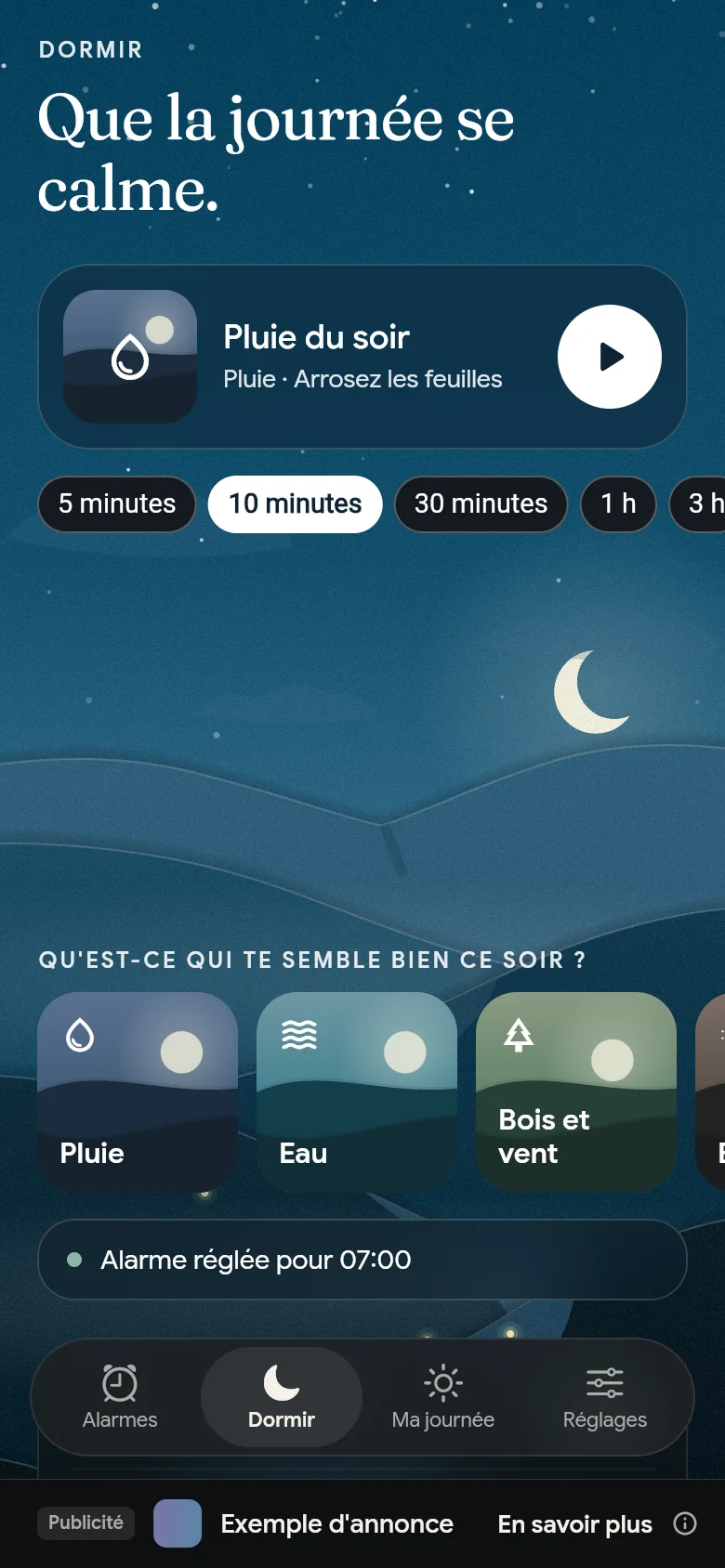 L’onglet Dormir la nuit, avec un son, sa durée et les étagères.