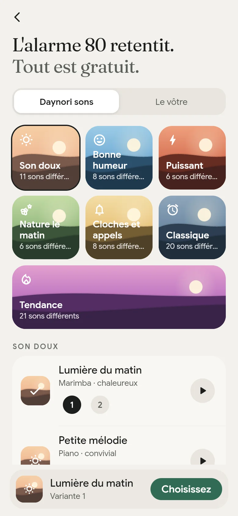 La bibliothèque de sons de l’app avec ses sept étagères.
