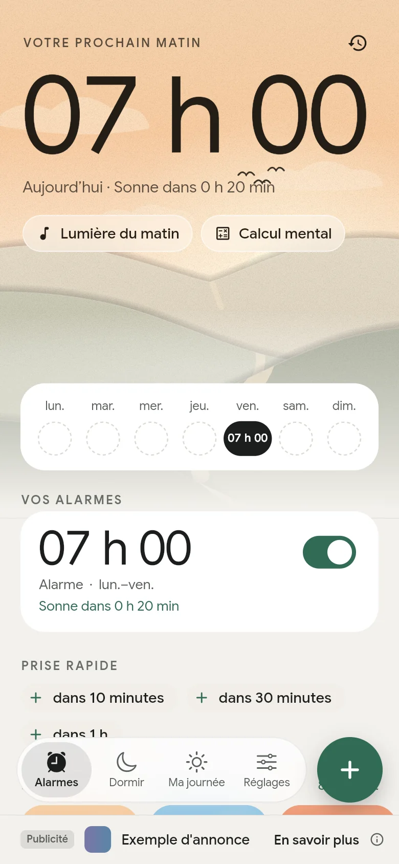 L’onglet Alarmes : la prochaine alarme est réglée sur 07:00.