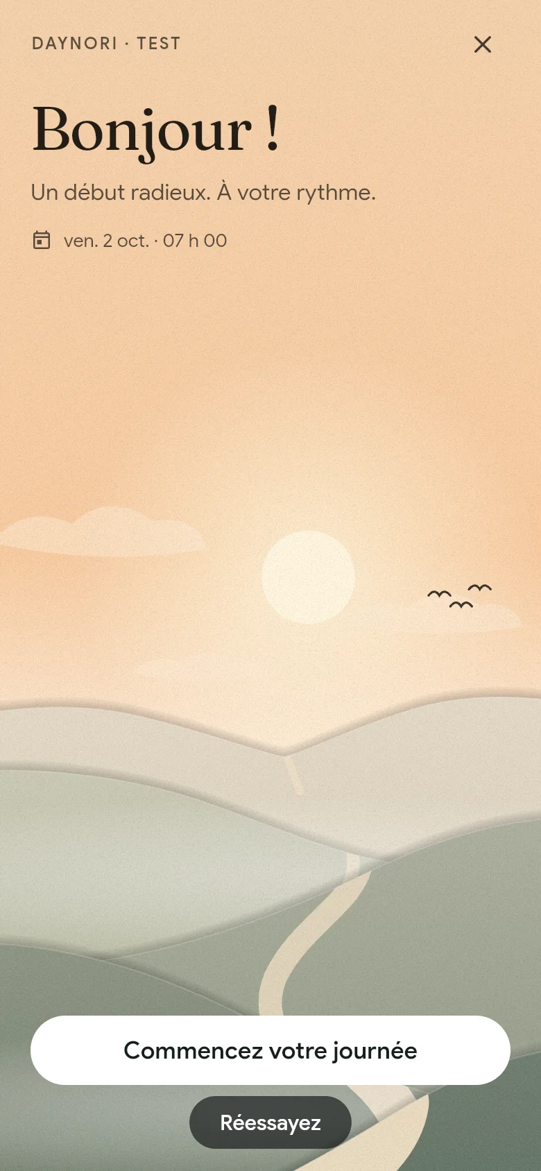 La salutation « Bonjour ! » au-dessus du paysage matinal.