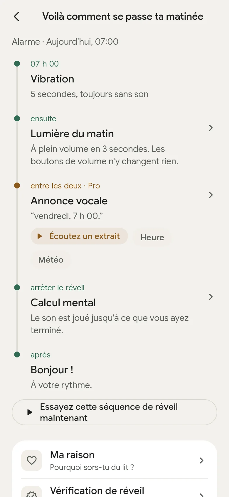 La chronologie « Voilà comment se passe ta matinée » dans l’app.