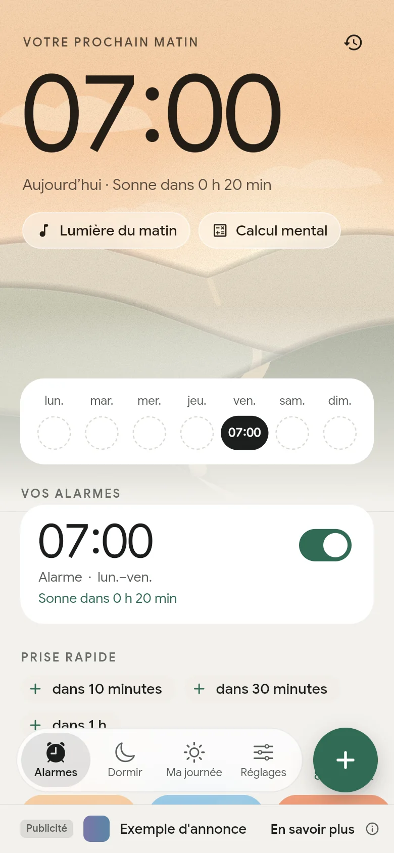 L’onglet Alarmes : la prochaine alarme est réglée sur 07:00.