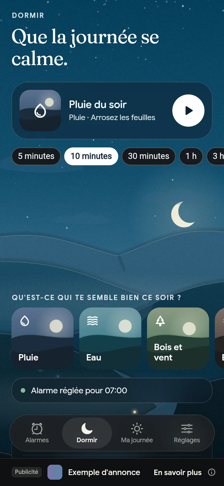 L’onglet Dormir la nuit, avec un son, sa durée et les étagères.