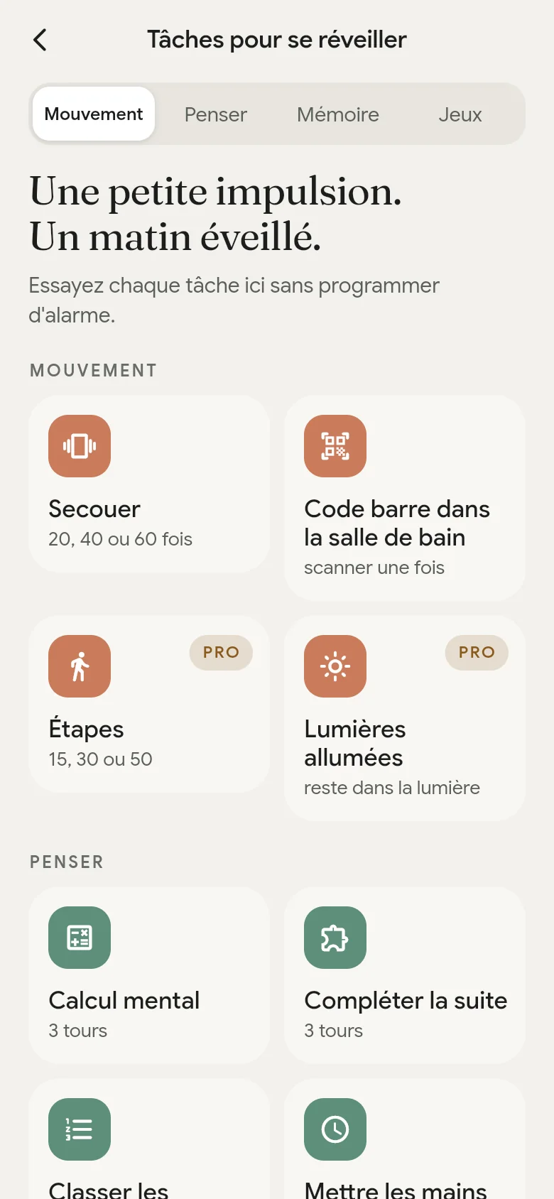 La bibliothèque des tâches de réveil dans l’app.
