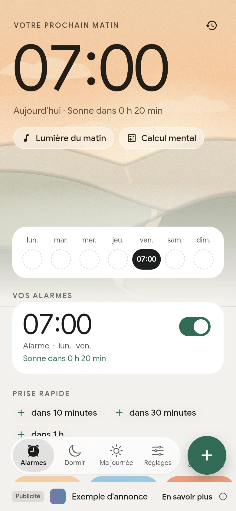 L’onglet Alarmes : la prochaine alarme est réglée sur 07:00.