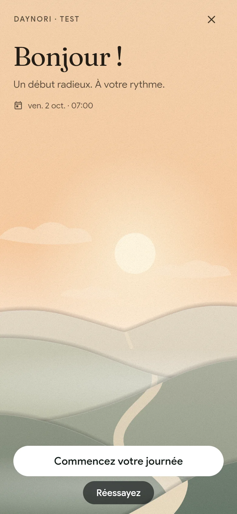 La salutation « Bonjour ! » au-dessus du paysage matinal.
