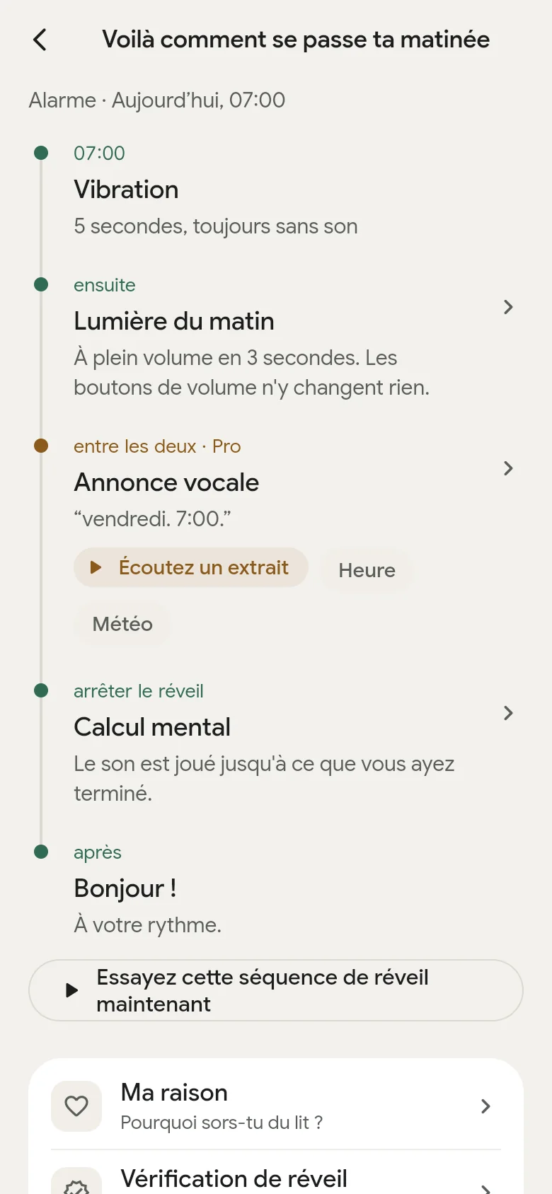 La chronologie « Voilà comment se passe ta matinée » dans l’app.