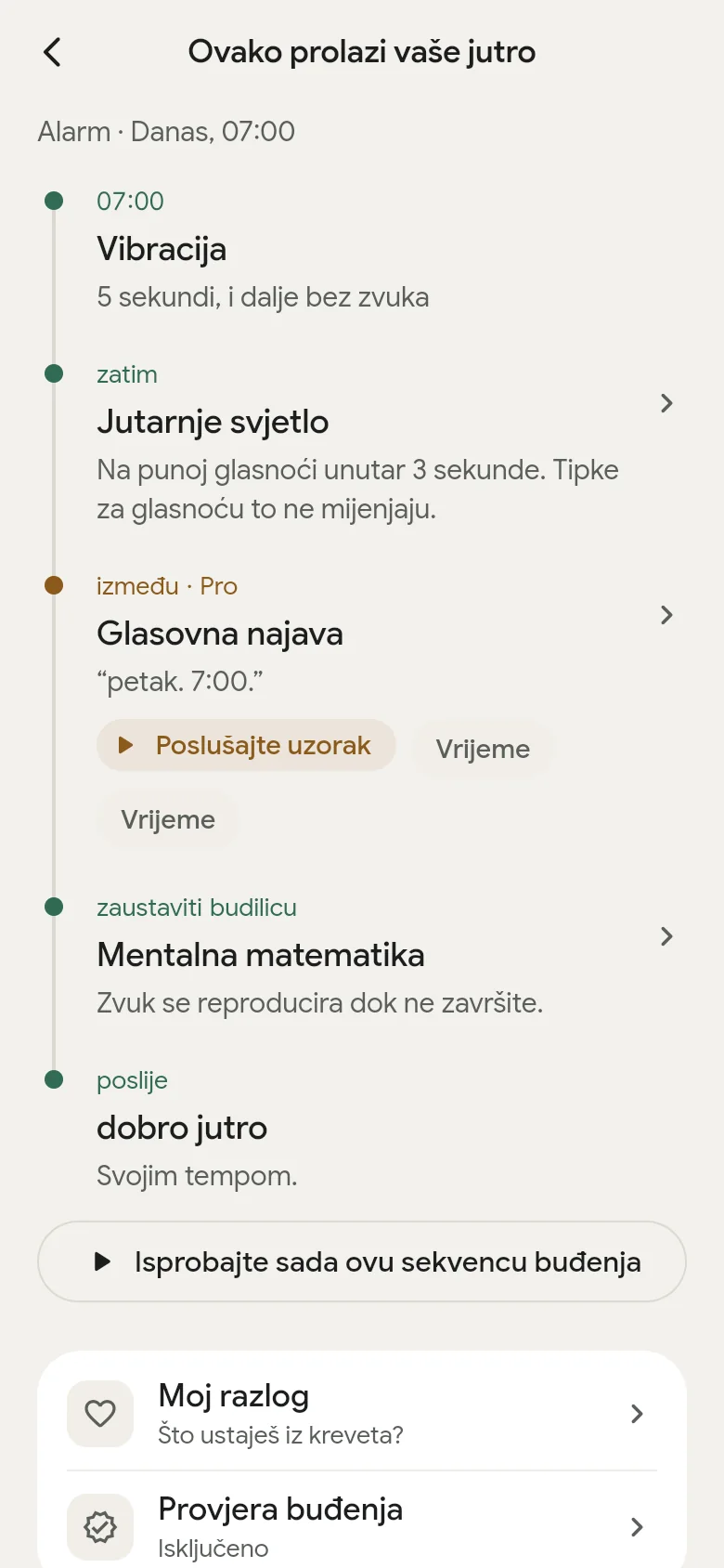 Vremenska crta „Ovako prolazi vaše jutro“ u aplikaciji.