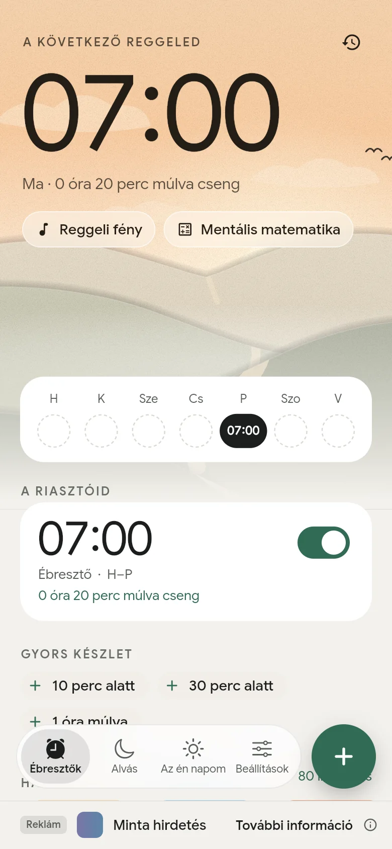 Az „Ébresztők” fül: a következő ébresztő 07:00-ra van beállítva.