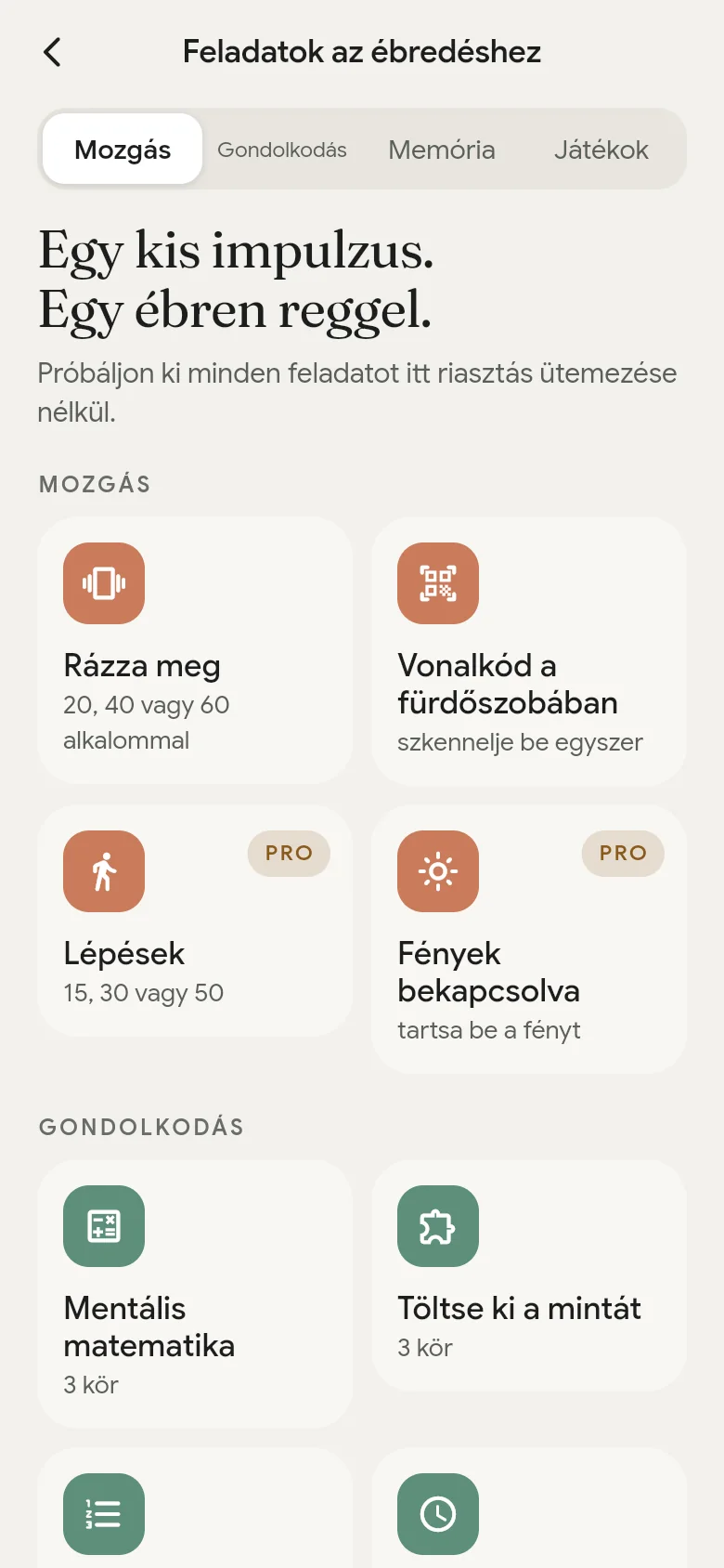 Az ébresztő feladatok könyvtára az alkalmazásban.