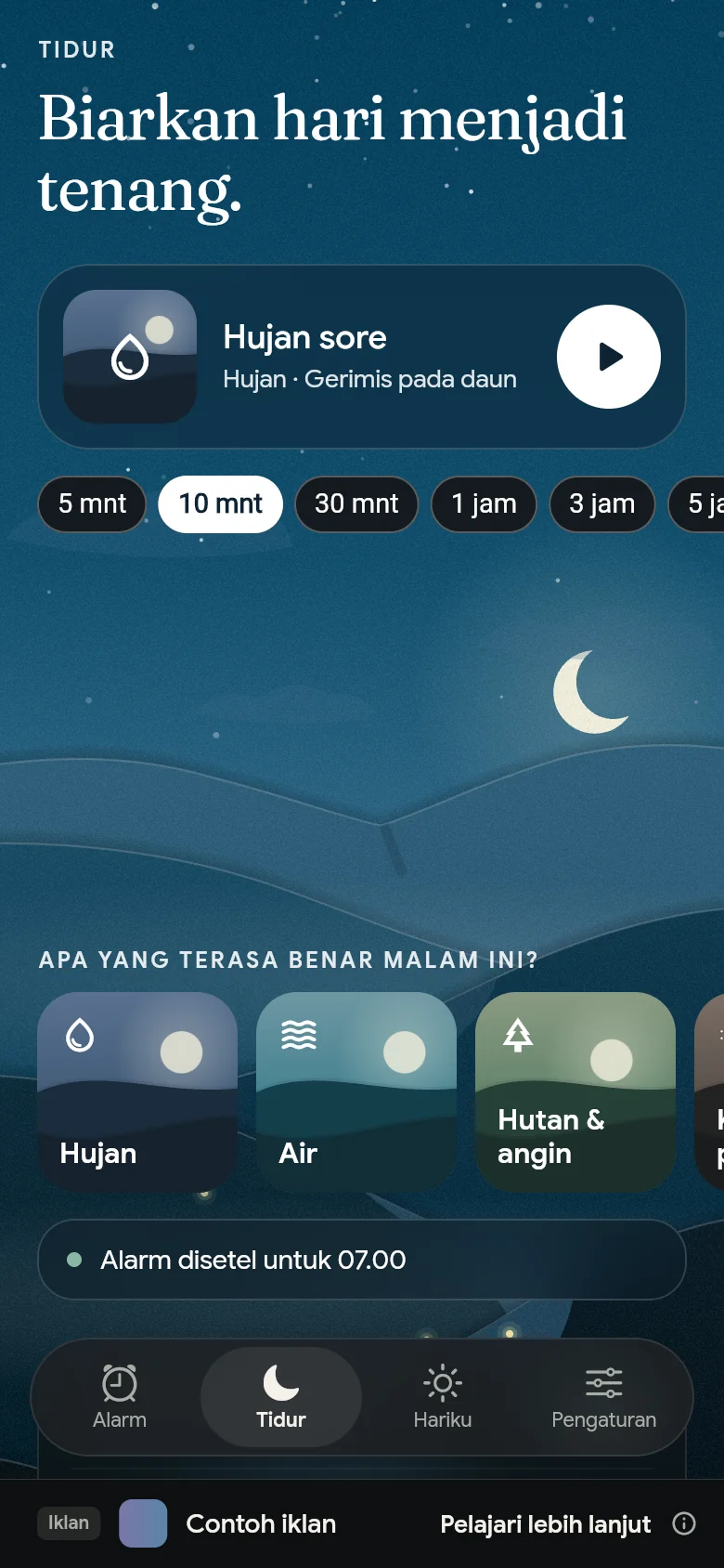 Tab Tidur pada malam hari dengan sebuah suara, durasinya, dan rak-raknya.